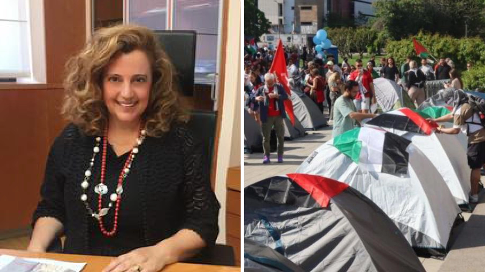 La rettrice della Bicocca, Giovanna Iannantuoni, e una protesta degli studenti della Statale contro la collaborazione con gli atenei israeliani