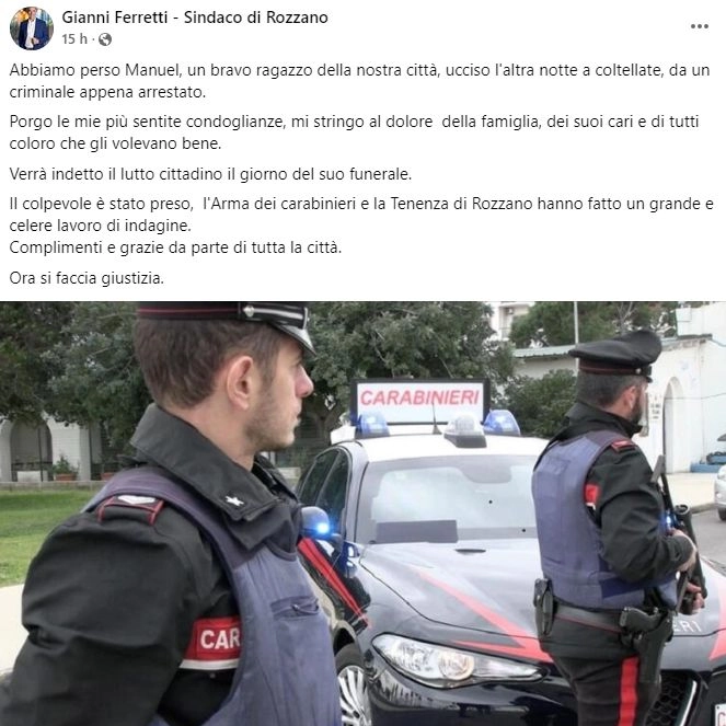 Il post facebook di Gianni Ferretti, sindaco di Rozzano