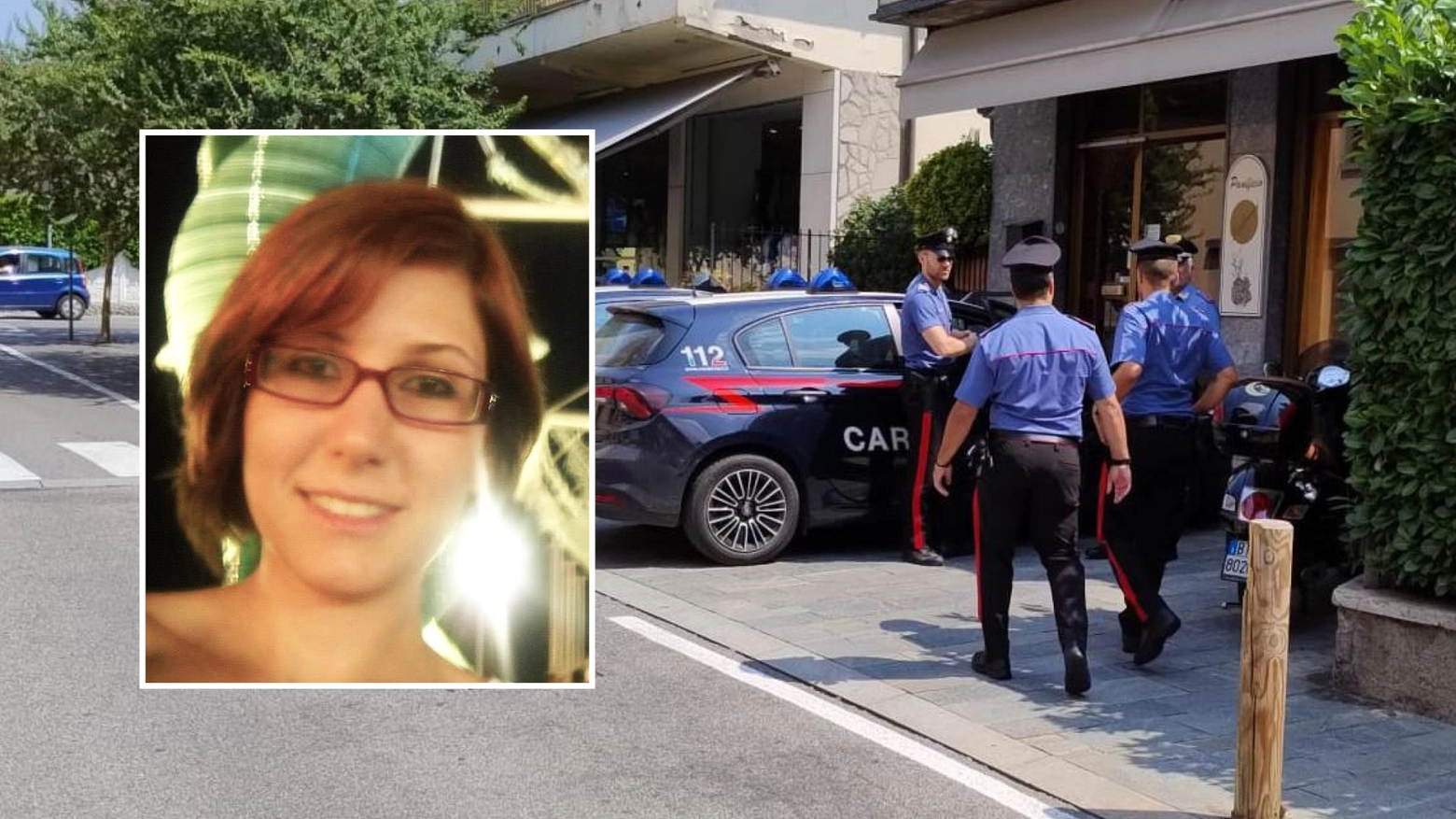 I carabinieri sotto la casa di Sharon Verzani (nel riquadro), dove abitava col compagno Sergio Ruocco in via Merelli a Terno d'Isola