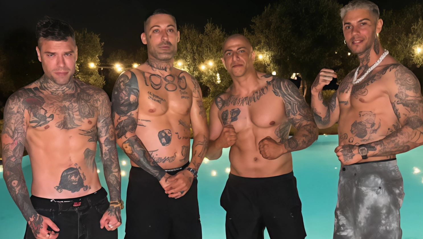 Da sinistra, il rapper Fedez (non indagato), Fabiano Capuzzo, Cristian Rosiello (bodyguard di Fedez, arrestato) ed Emis Killa