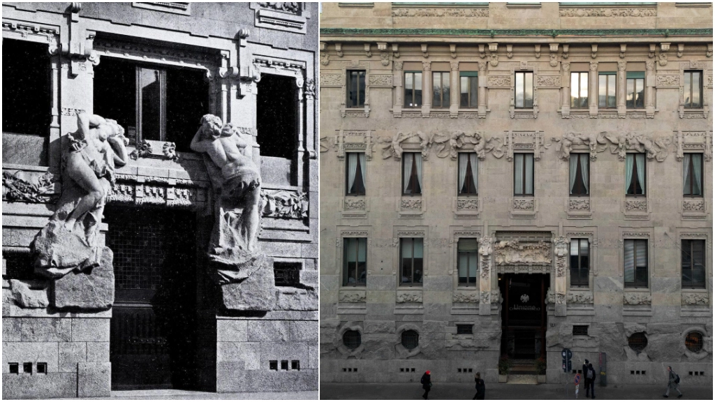 A sinistra, un'immagine dei primi del 900 dell'ingresso di Palazzo Castiglioni con le due due statue femminili (poi rimosse) realizzate da Ernesto Bazzaro che raffiguravano la Pace e l’Industria. A destra, Palazzo Castiglioni dopo il restauro