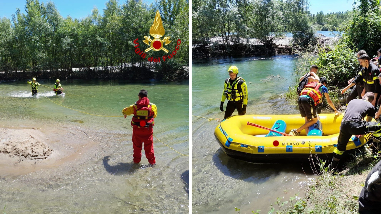 Il salvataggio da parte delle squadre del soccorso acquatico del nucleo speleo-alpino-fluviale dei vigili del fuoco del Comando di Milano