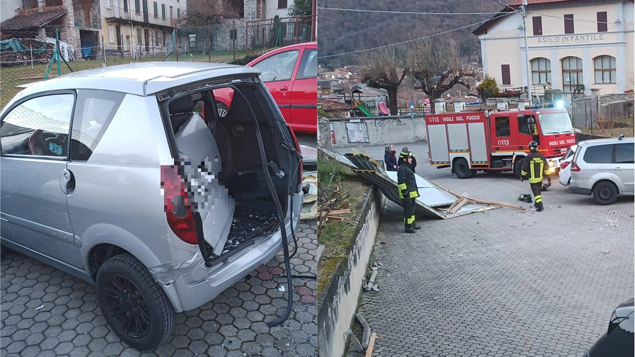 Cuvio, le lamiere di un capannone cadono in un parcheggio e colpiscono un'auto