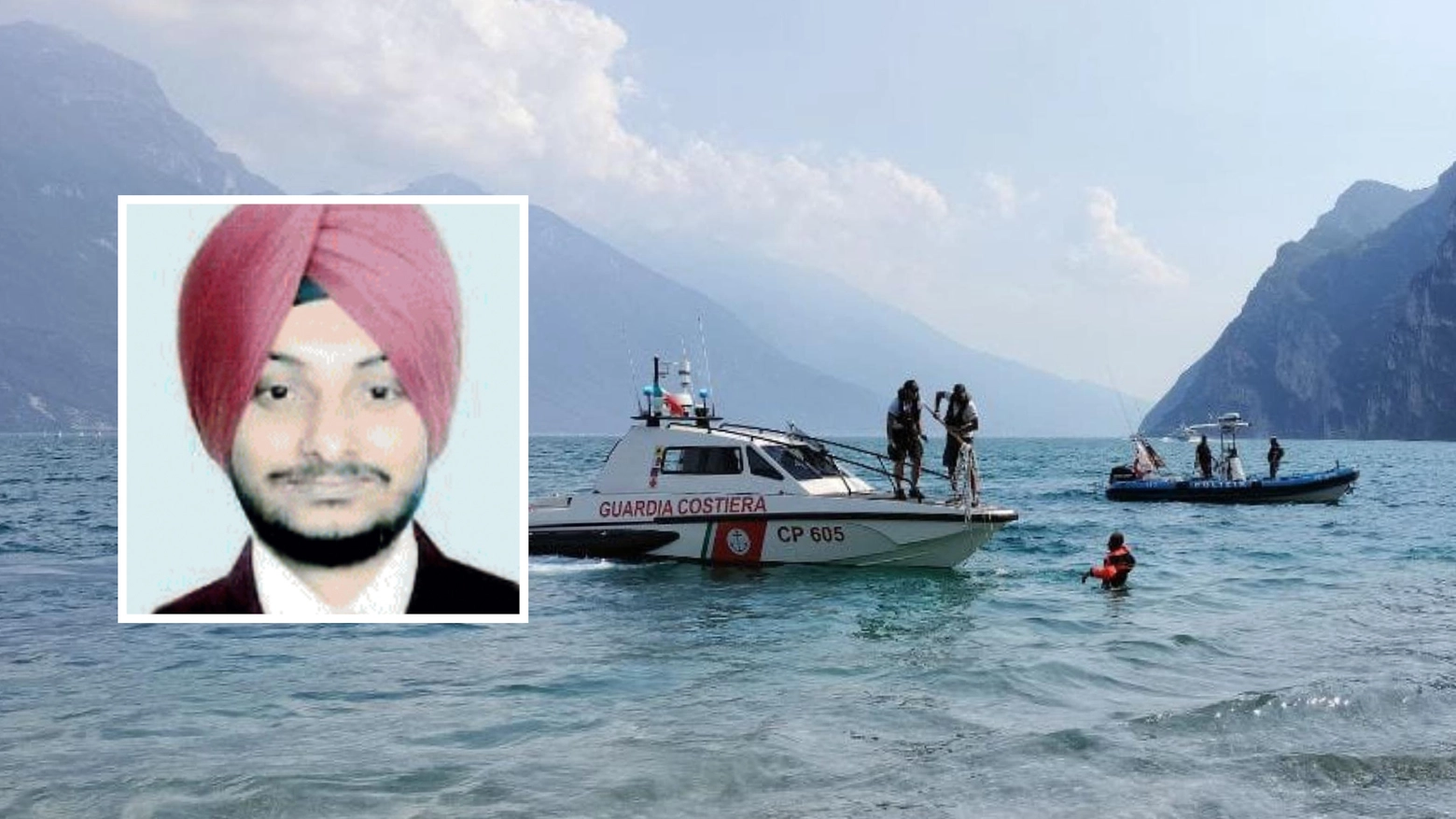 Nel riquadro Tarandeep Singh, operai di 27 ani morto per salvare il bambino nelle acque di Riva del Garda