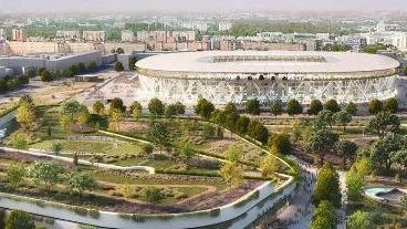 A sinistra, il rendering del nuovo stadio di San Siro prodotto nel 2022 da Milan e Inter e poi congelato