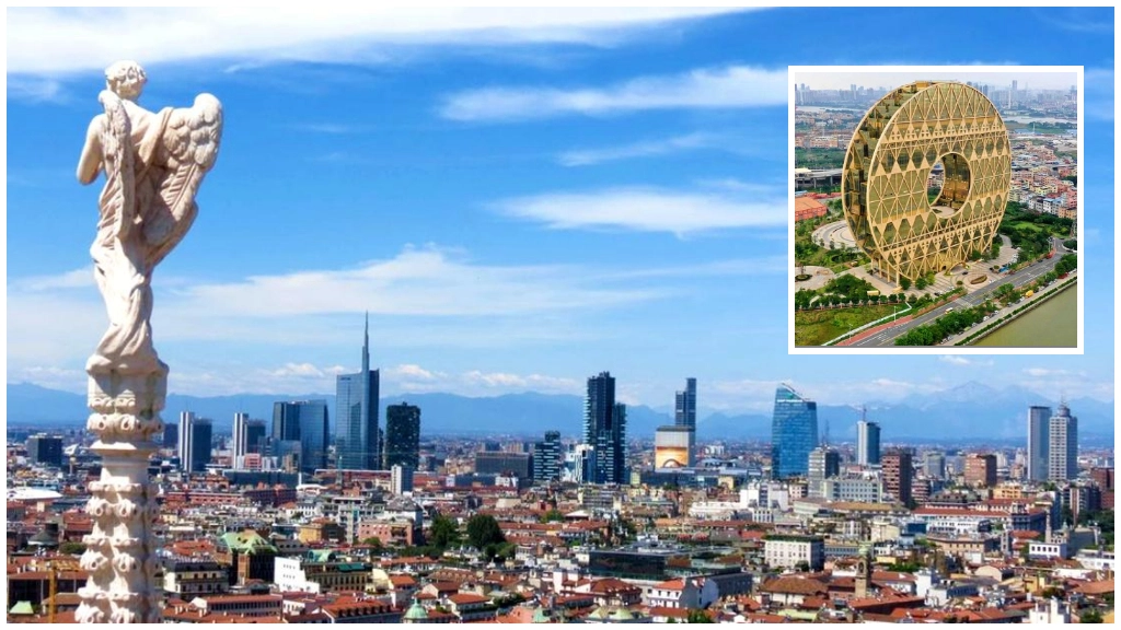 Lo skyline di Milano, nel riquadro una veduta dall’alto del Guangzhou Circle firmato da Joseph Di Pasquale