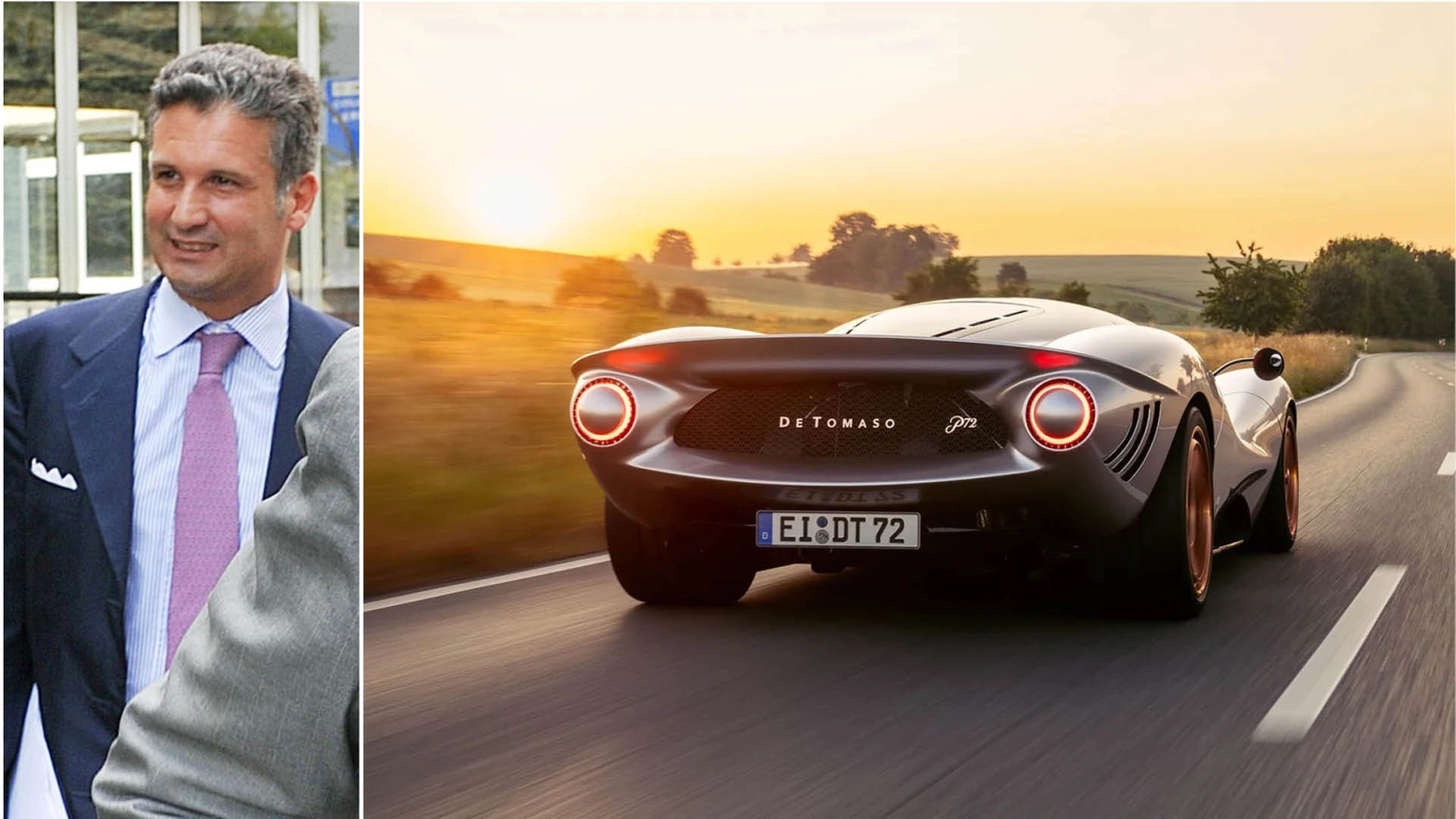 L'imprenditore milanese Gianluca Rossignolo e una nuova auto della De Tomaso, azienda rinata dal fallimento del 2012
