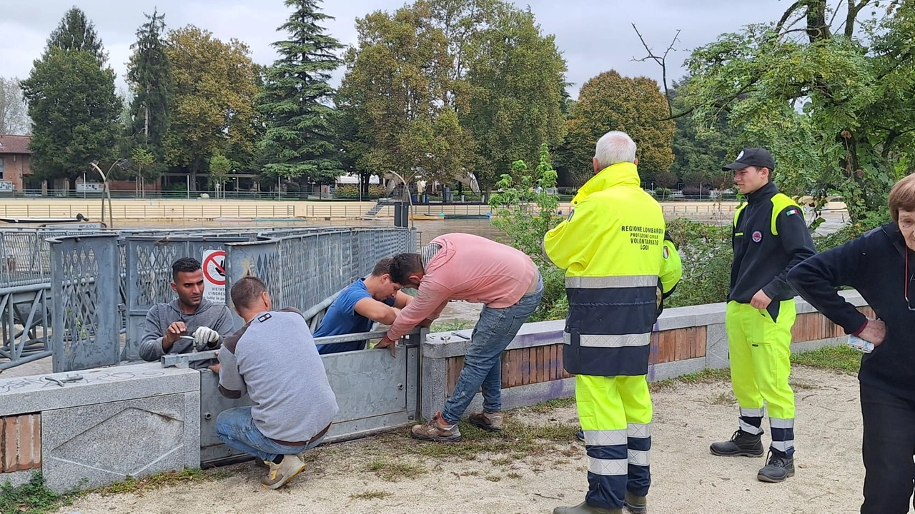 La predisposizione delle paratie lungo la sponda destra del fiume Adda a Lodi