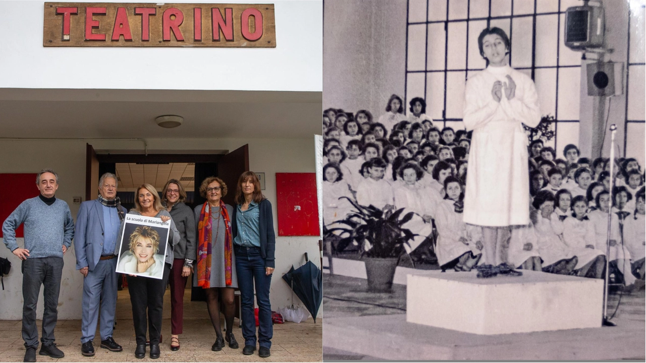 Un momento dell’intitolazione al Trotter: da sinistra Francesco Muraro, Maurizio Porro, Anna Melato, Anna Scavuzzo, Elisabetta Nigris e Marina Regina. A destra, un’esibizione canora di Mariangela Melato nell’auditorium della scuola