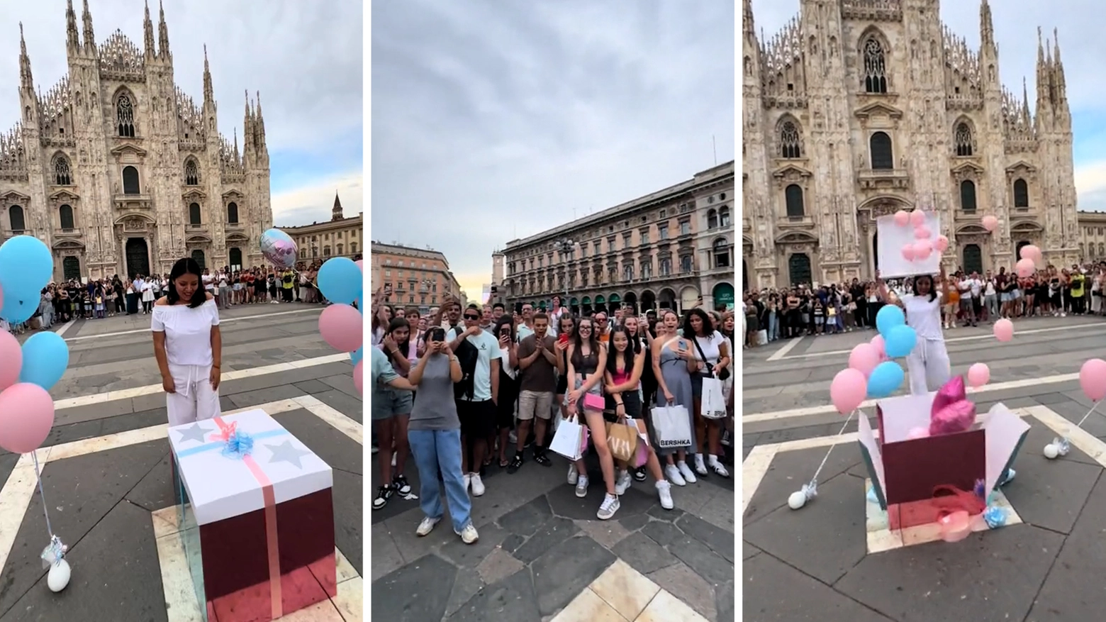 Alcuni fotogrammi del video del gender reveal party in piazza Duomo a Milano