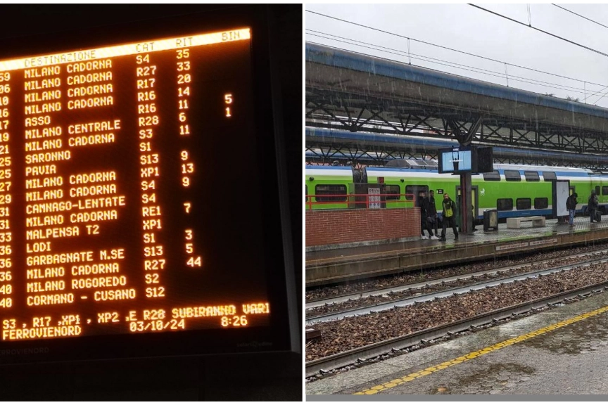 I treni segnalati in ritardo nel display della stazione Bovisa e la stazione di Saronno