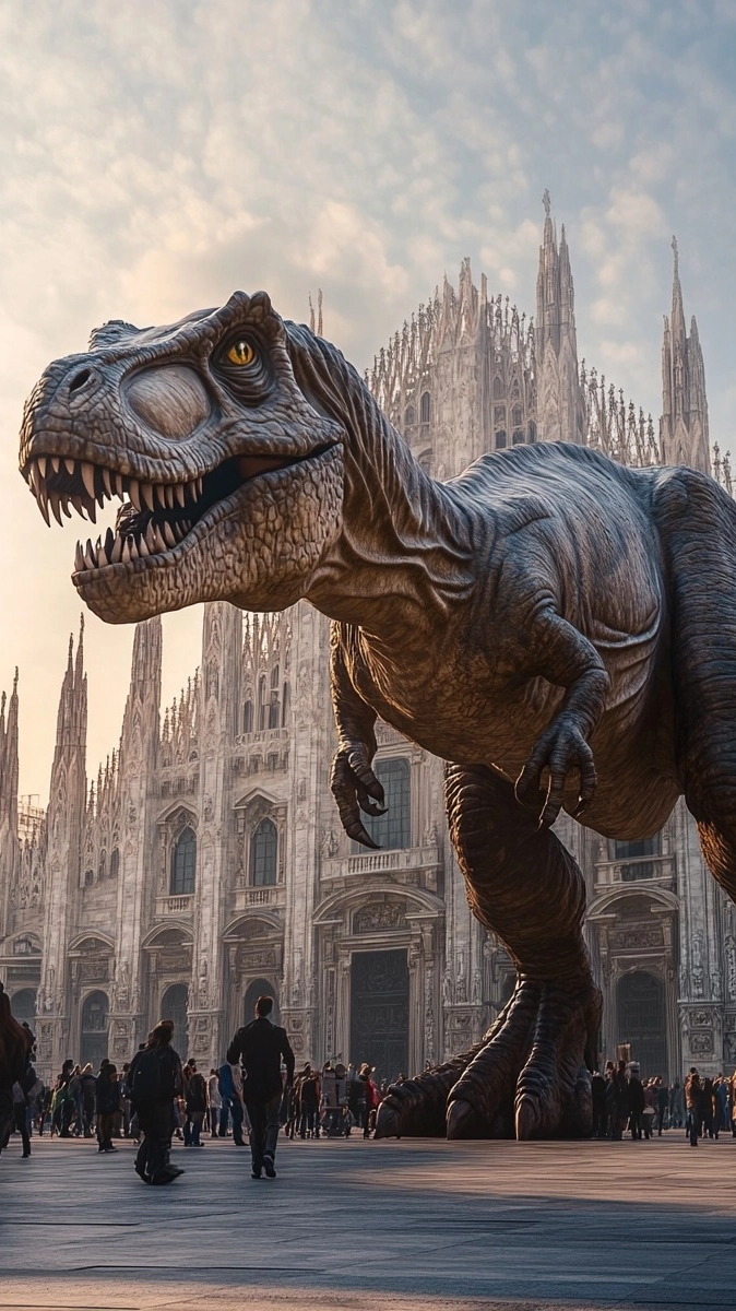 Il Tirannosaurus rex davanti al Duomo di Milano, una 'suggestione' per l'arrivo a Milano di Dinos Alive