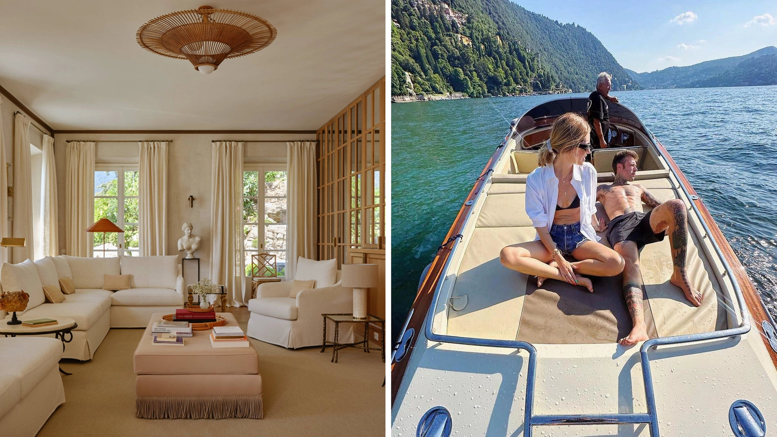 A sinistra, la sala di Villa Matilda sul lago di Como. A destra, una delle foto insieme pubblicate l'anno scorso da Chiara Ferragni e Fedez