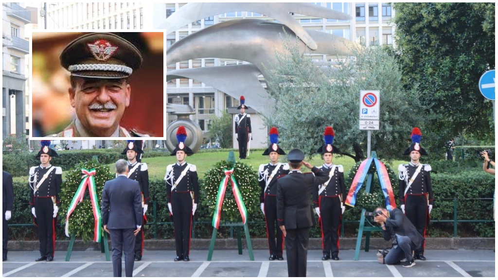 Milano, la cerimonia in piazza Diaz e nel riquadro il generale Carlo Alberto dalla Chiesa