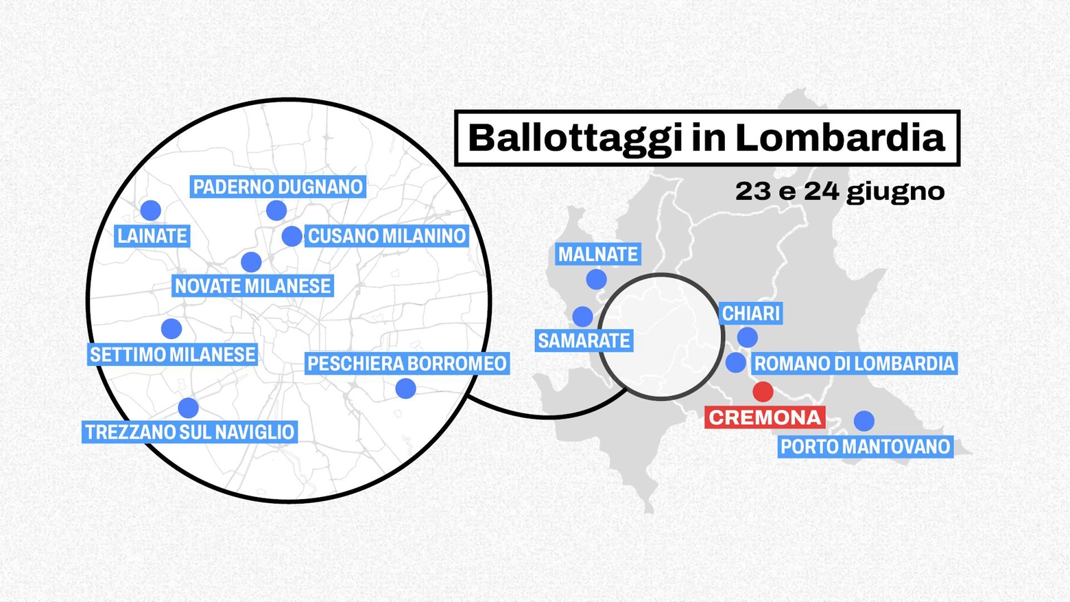 La mappa dei 13 comuni lombardi che andranno al ballottaggio il 23 e 24 giugno