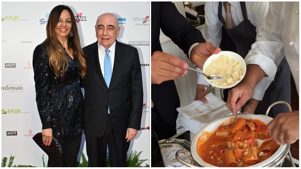 Adriano Galliani ed Helga Costa; a destra, i paccheri alla Vittorio, presenti in menu