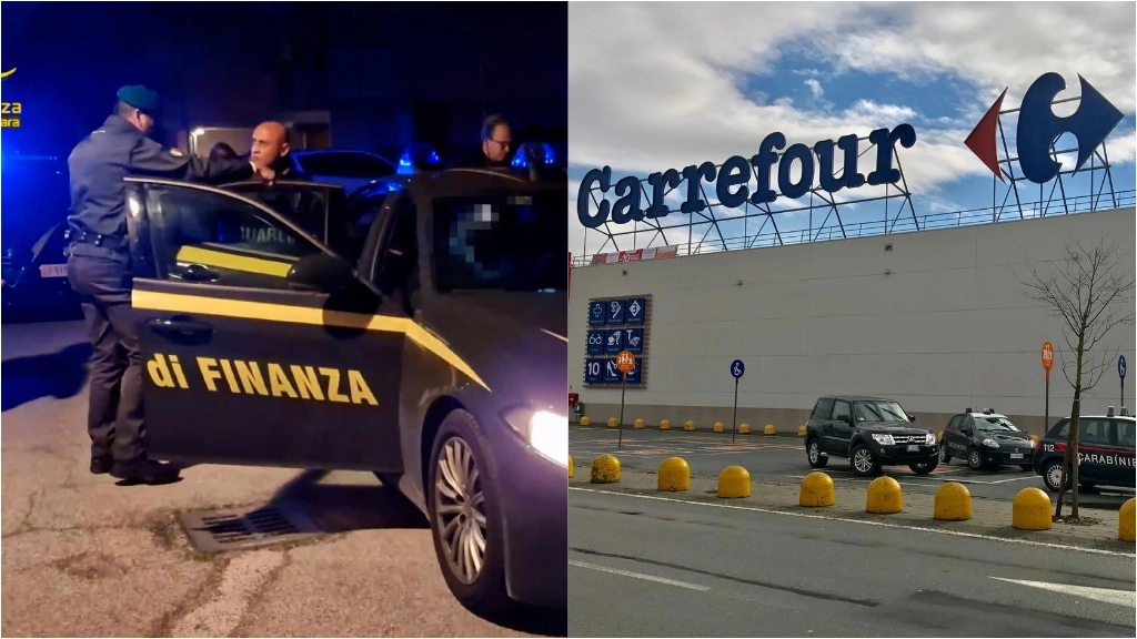 A sinistra agenti della Guardia di finanza e a destra un supermercato Carrefour