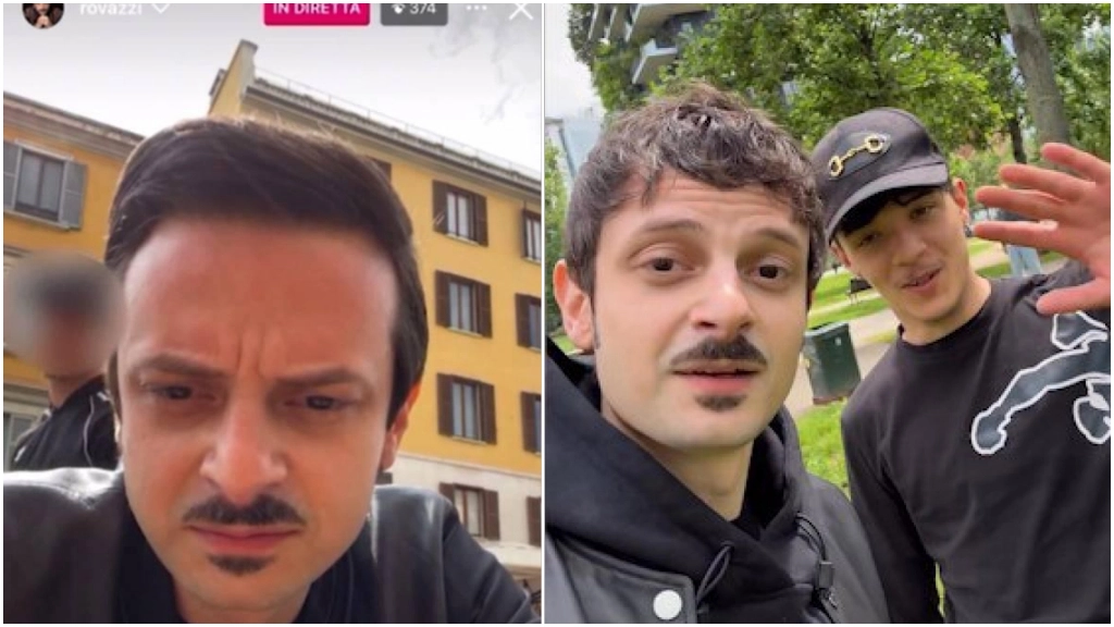 A sinistra, il video del (falso) furto in diretta sull'account Instagram di Fabio Rovazzi. A destra, il video in cui il rapper svela la messinscena