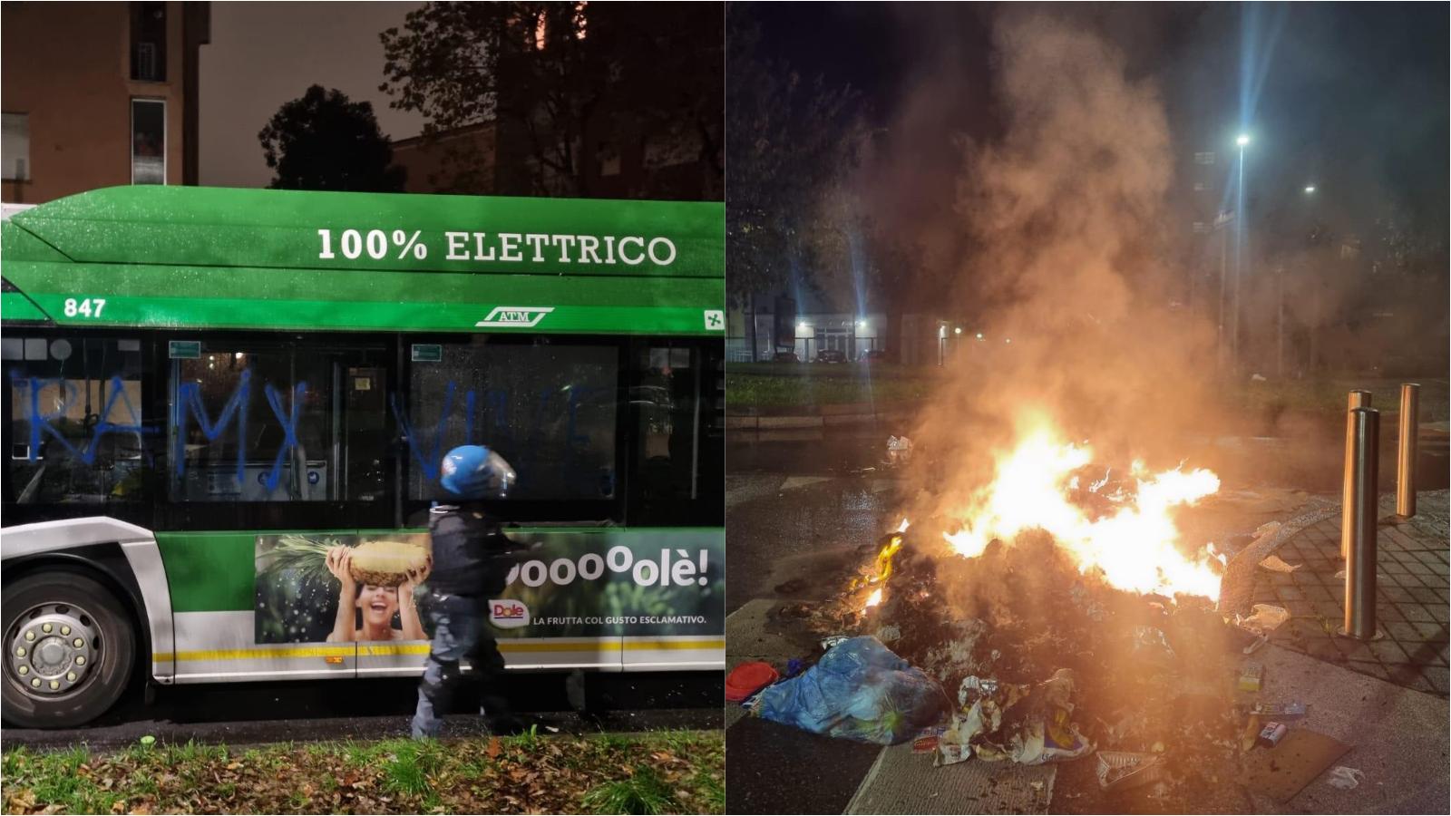 Guerriglia urbana al Corvetto: autobus 93 devastato e incendi in strada. Sulla fiancata del mezzo devastato la scritta “Ramy vive”