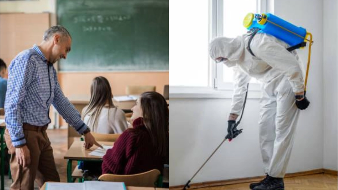 Una classe e un addetto in tenuta antiderattizzazione impegnato durante un intervento nella scuola