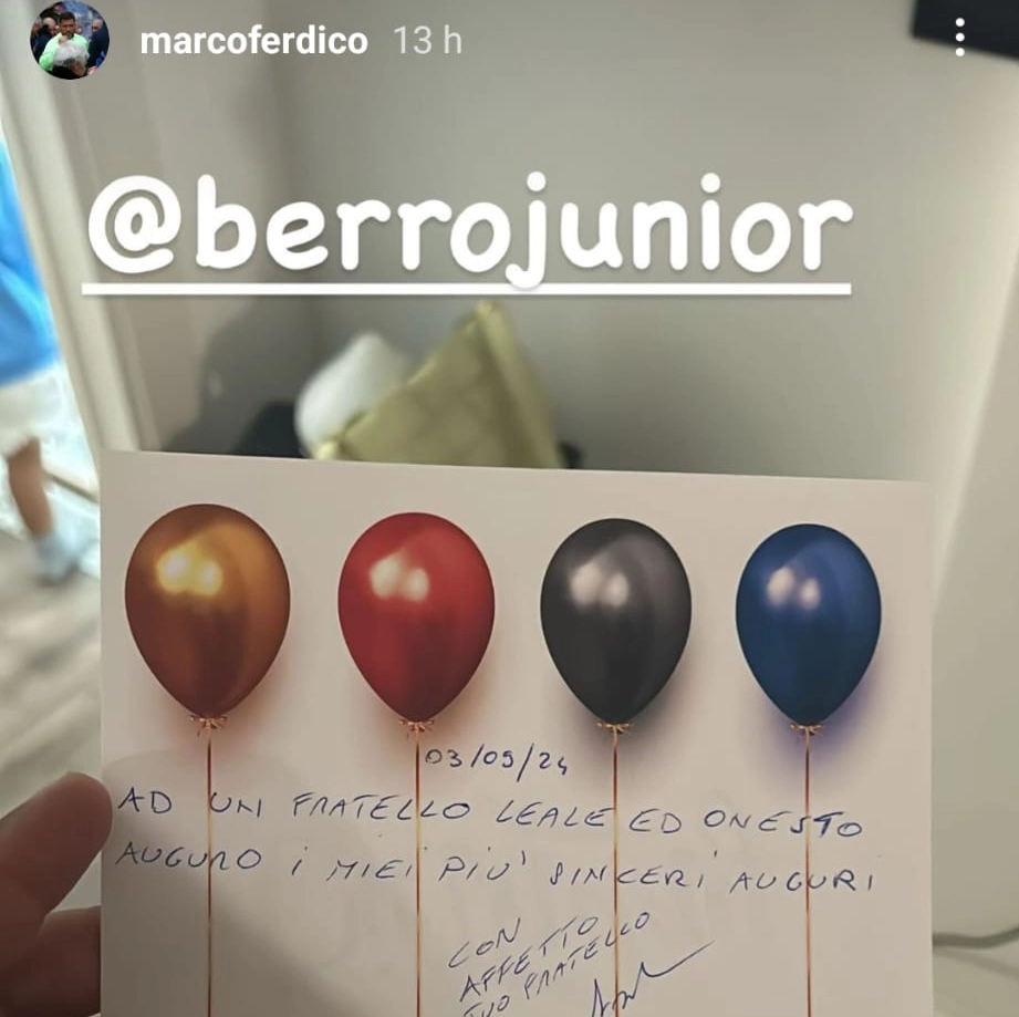 Il biglietto di auguri che Andrea Beretta aveva mandato a Marco Ferdico per il suo compleanno, festeggiato alla vigilia dell'uccisione di Antonio Bellocco