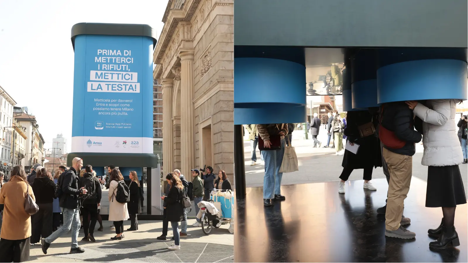 Un cestino dei rifiuti alto 7 metri a Milano: è la campagna “Mettici la testa” di Amsa