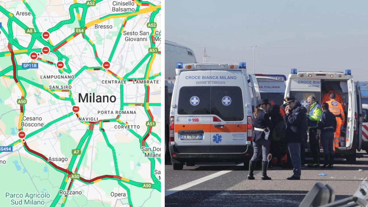 A sinistra, le code sulla Tangenziale Ovest poco prima delle 17.00: il traffico è in tilt