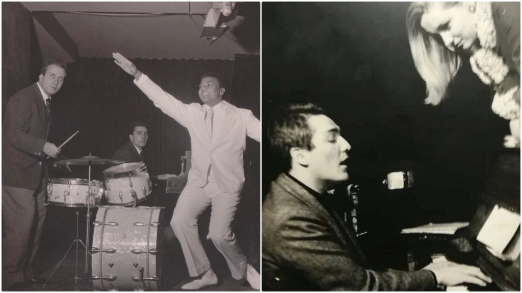 Enrico Intra nei primi anni 60, con Pupo De Luca alla batteria e il cantante Henry Wright. A destra, Intra suona il pianoforte del Derby per la moglie Fiorenza