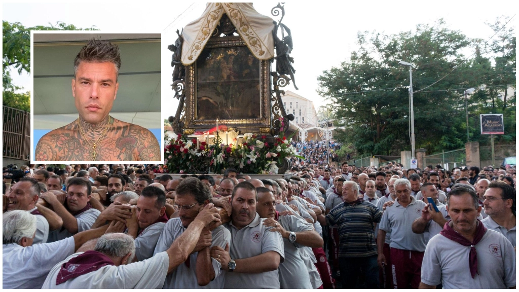 Un'immagine di una vecchia edizione della Festa della Madonna della Consolazione; nel riquadro, Fedez