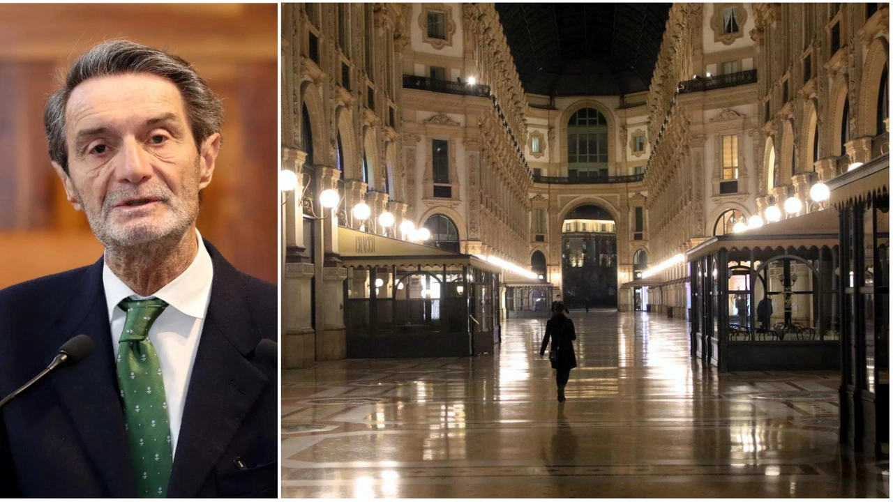 Il governatore Attilio Fontana e a destra la Galleriadi Milano deserta durante la pandemia