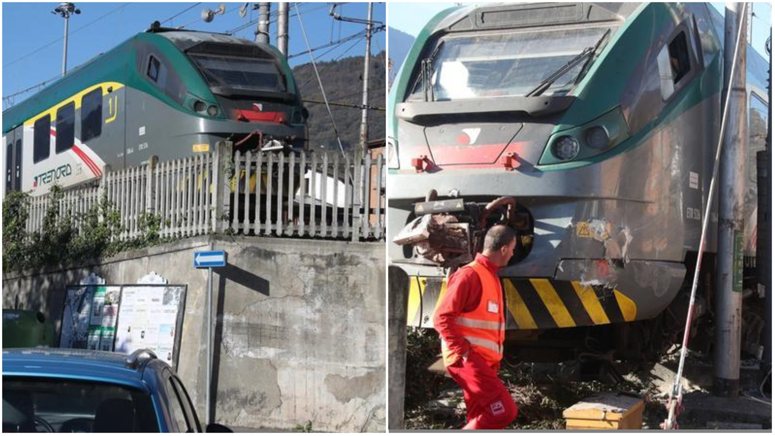 Il treno che ha sfondato la barriera in stazione a Sondrio (foto Ansa/Anp)