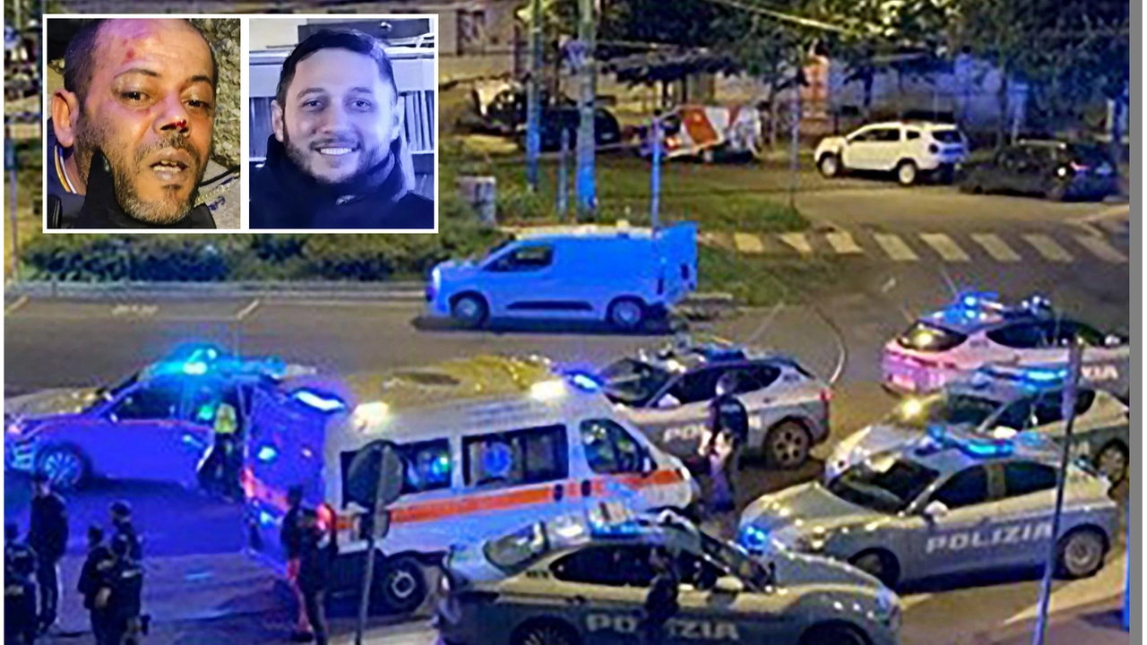 Polizia e ambulanze a Lambrate la notte dell'accoltellamento. Nei riquadri Hassine Hamis e Christian Di Martino