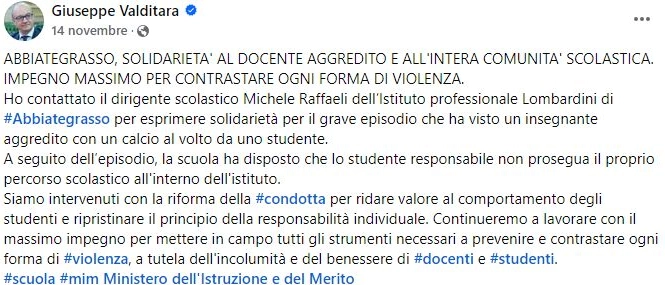 Il post facebook del ministro Valditara sull'aggressione nella scuola di Abbiategrasso nel novembre 2024