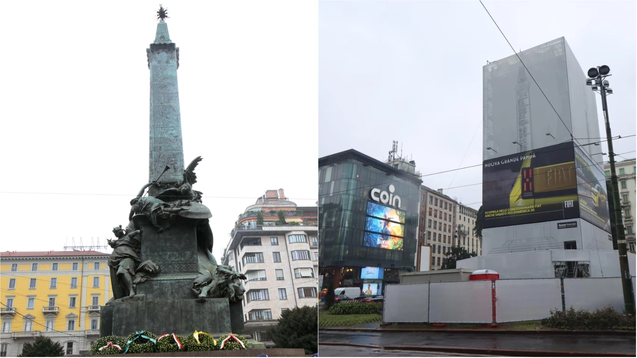 Il monumento di piazza Cinque Giornate è ancora coperto per via del restauro