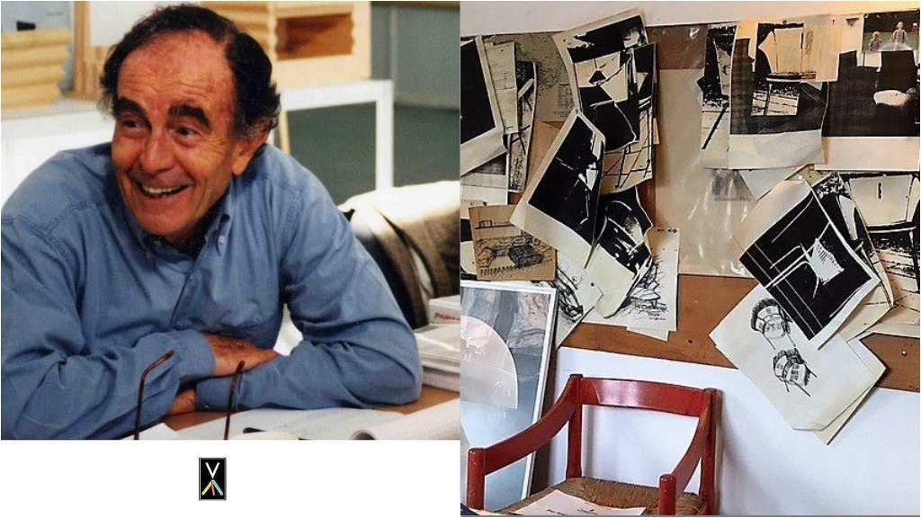 Vico Magistretti (1920-2006) in una foto che risalte agli anni 90 all’interno del suo studio (Fondazione Magistretti) Sotto un particolare della casa studio diventata museo con la sedia “Carimate“ e una serie di schizzi del designer