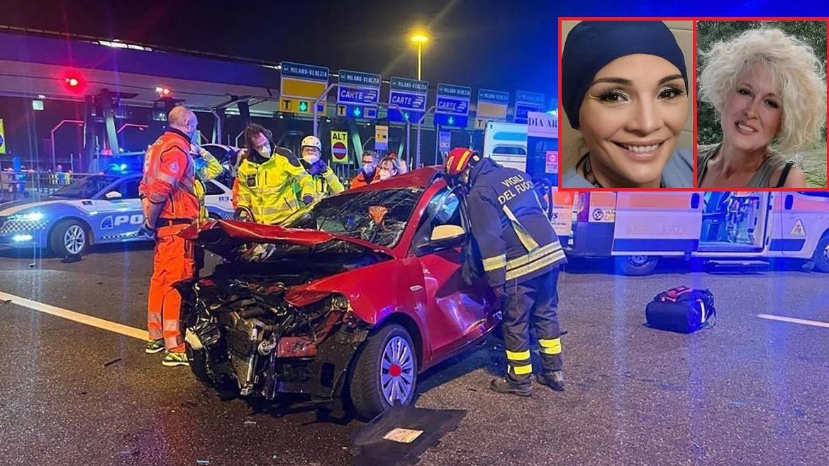 Incidente casello A4 e nel riquadro le due vittime Laura Amato e Claudia Turconi