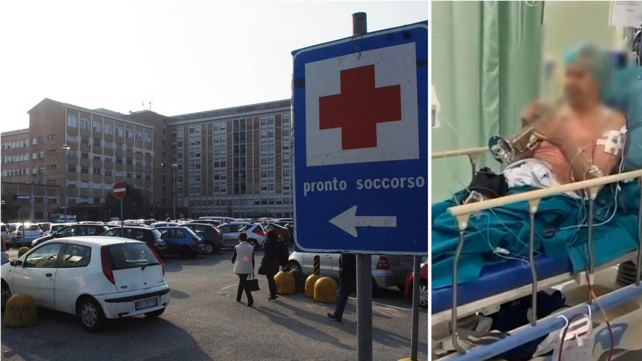 L'ospedale di Vizzolo e il musicista 84enne durante la sua "esibizione"