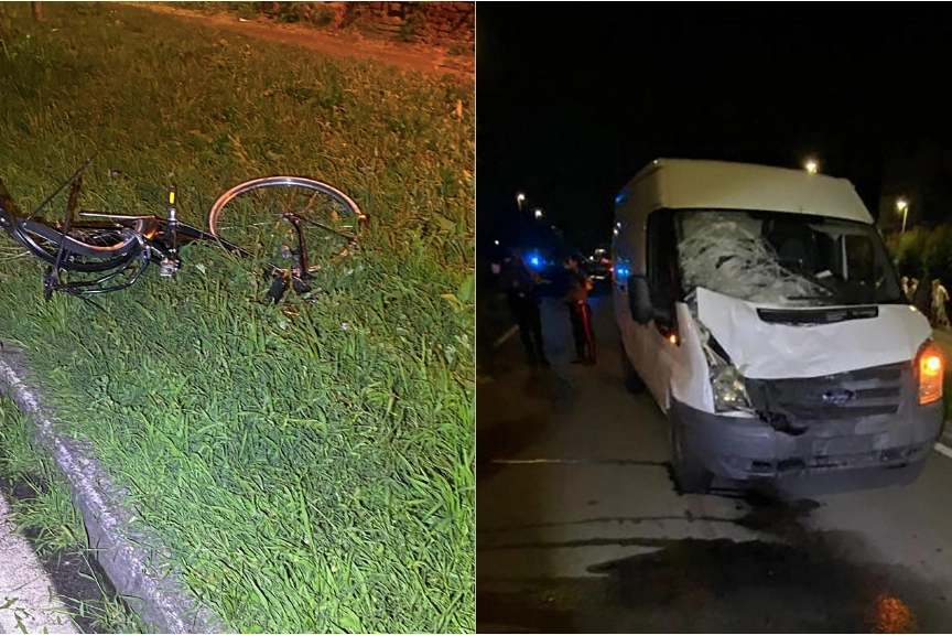 A sinistra la bicicletta di Valentino Colia, scaraventata a 40 metri dall'impatto; a destra il furgone guidato da Bogdan Pasca dopo l'incidente