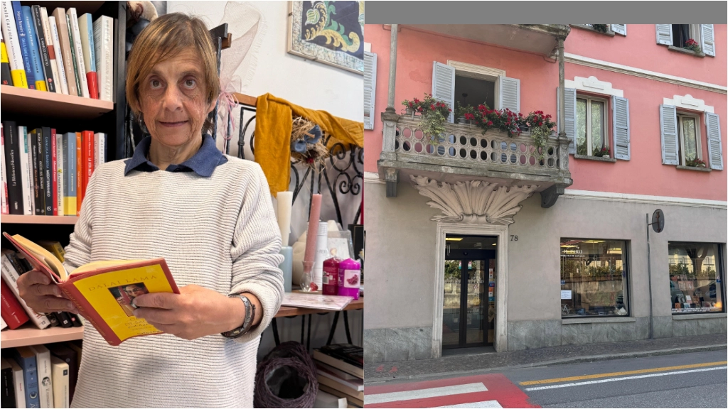 Viviana Bittolo Bon nel riquadro e l’ingresso della libreria in via Trieste