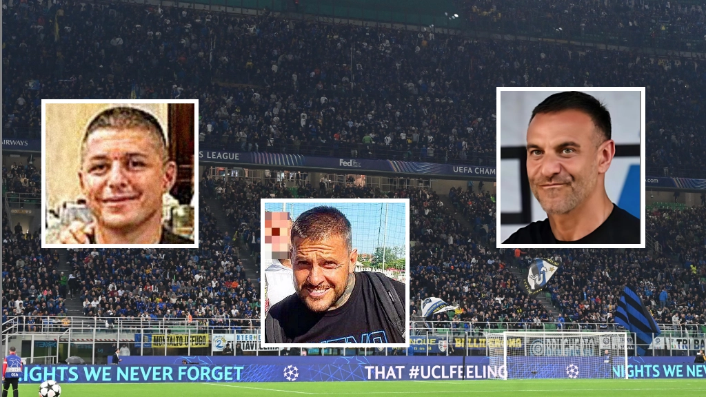 La curva nerazzurra senza striscioni. Nei riquadri, da sinistra Antonio Bellocco, Marco Ferdico e Andrea Beretta