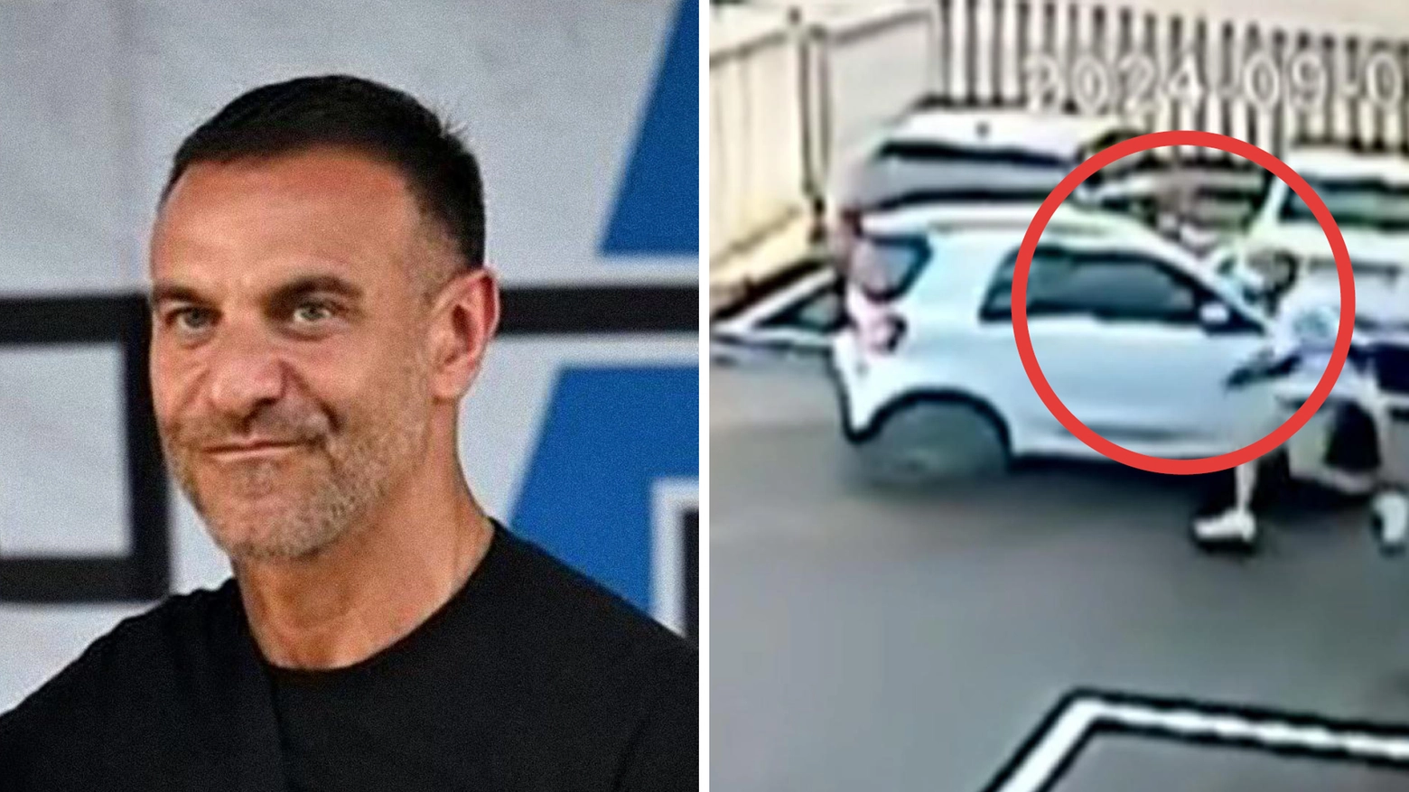 Il capo ultrà della Curva Nord Andrea Beretta e, a destra, l'automobile in cui è avvenuto l'omicidio