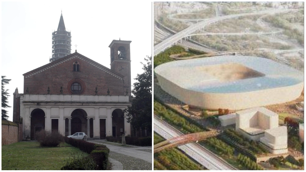 L'abbazia di Chiaravalle; a destra, il progetto dello stadio