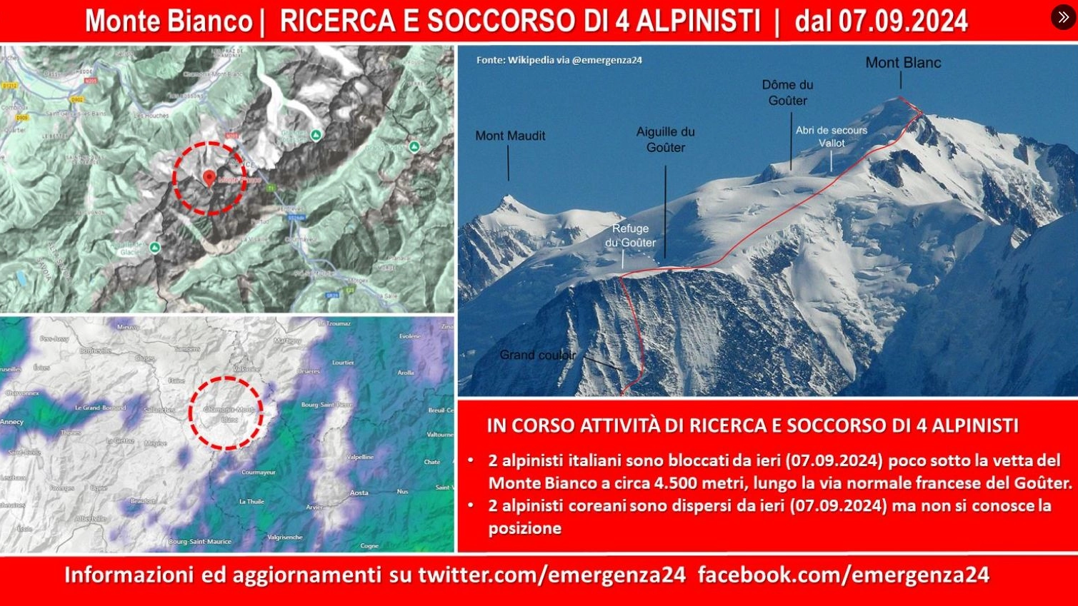 Quattro dispersi sul Monte Bianco, ecco la zona: in corso attività di ricerca e soccorso (Foto X Emergenza24)