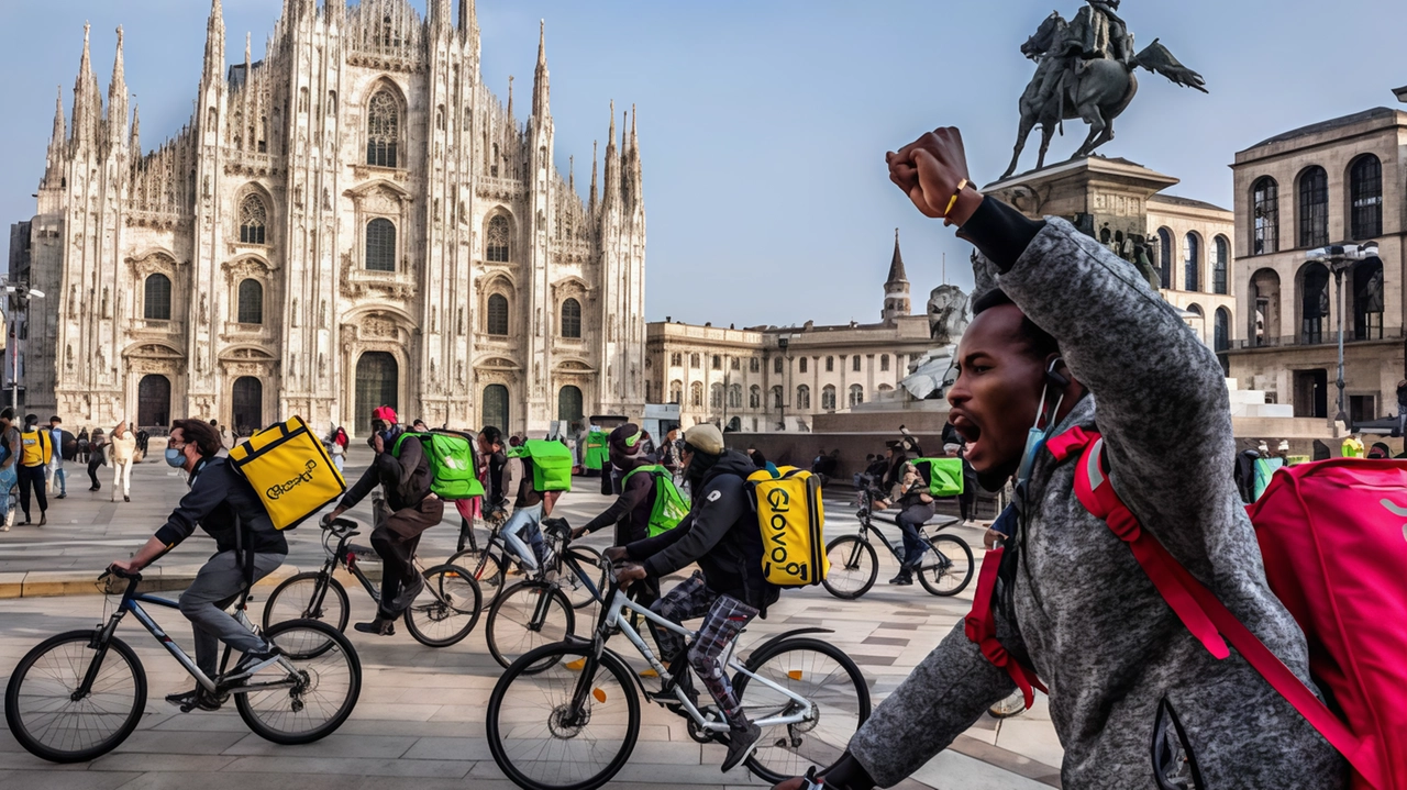 Manifestazione dei rider in piazza Duomo per chiedere condizioni di lavoro dignitose