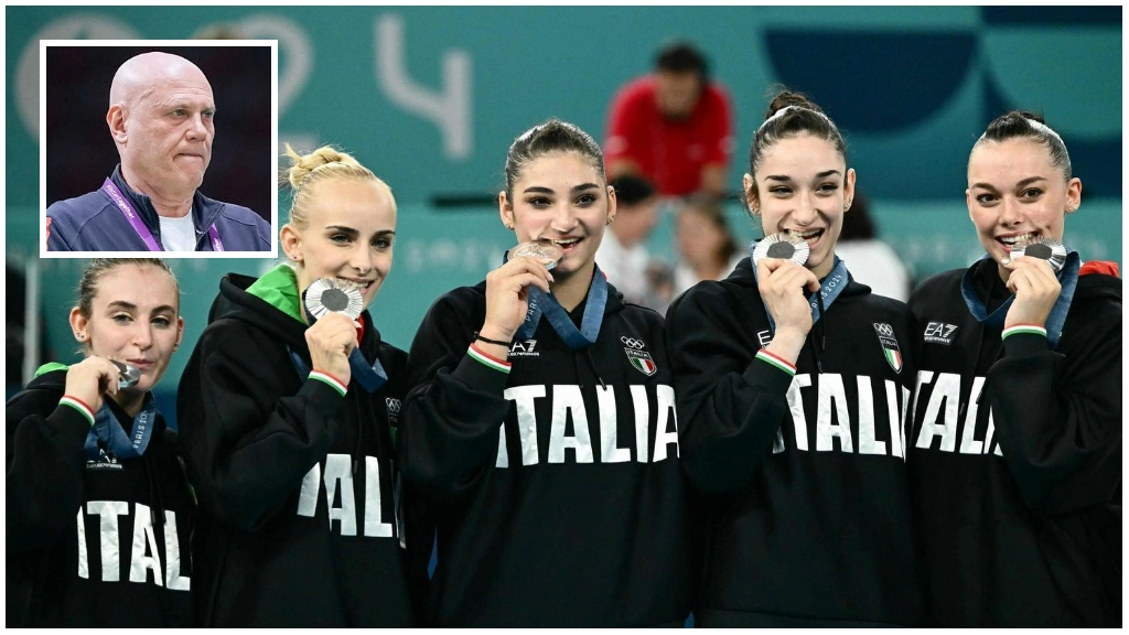 Angela Andreoli, Giorgia Villa, Elisa Iorio e Alice D'Amato e Manila Esposito argento nella gara a squadre e nel riquadro Enrico Casella, il direttore tecnico