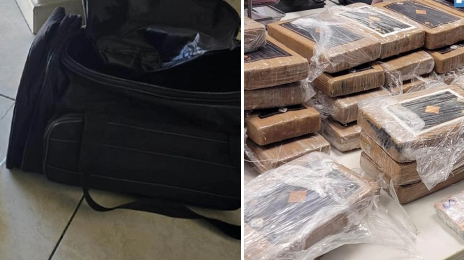 Il borsone utilizzato per il trasporto della droga e i panetti di cocaina sequestrati