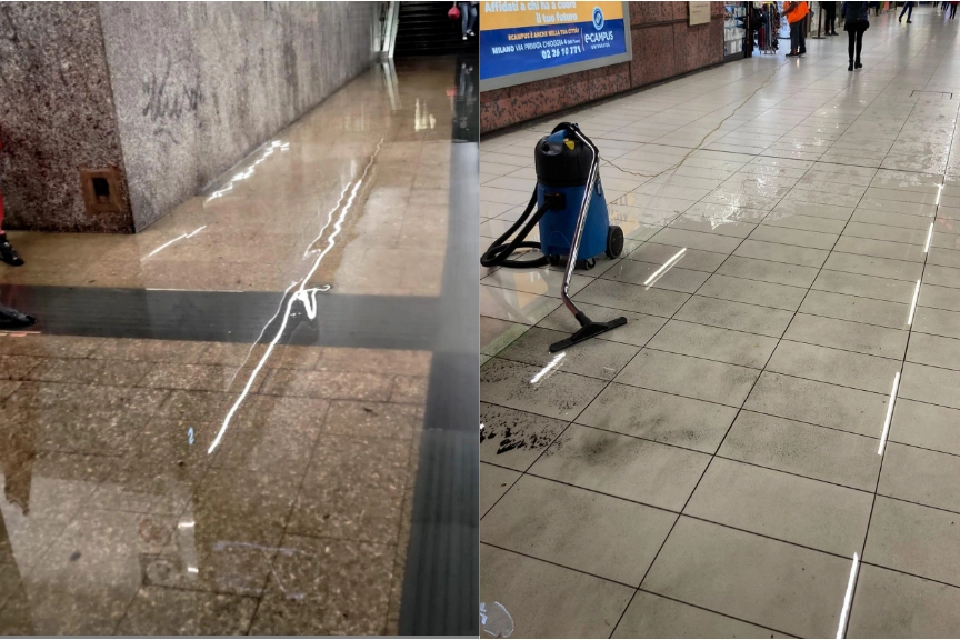 A sinistra il sottopasso della stazione di Lodi invaso dall'acqua, a destra la stazione della metropolitana Cadorna di Milano