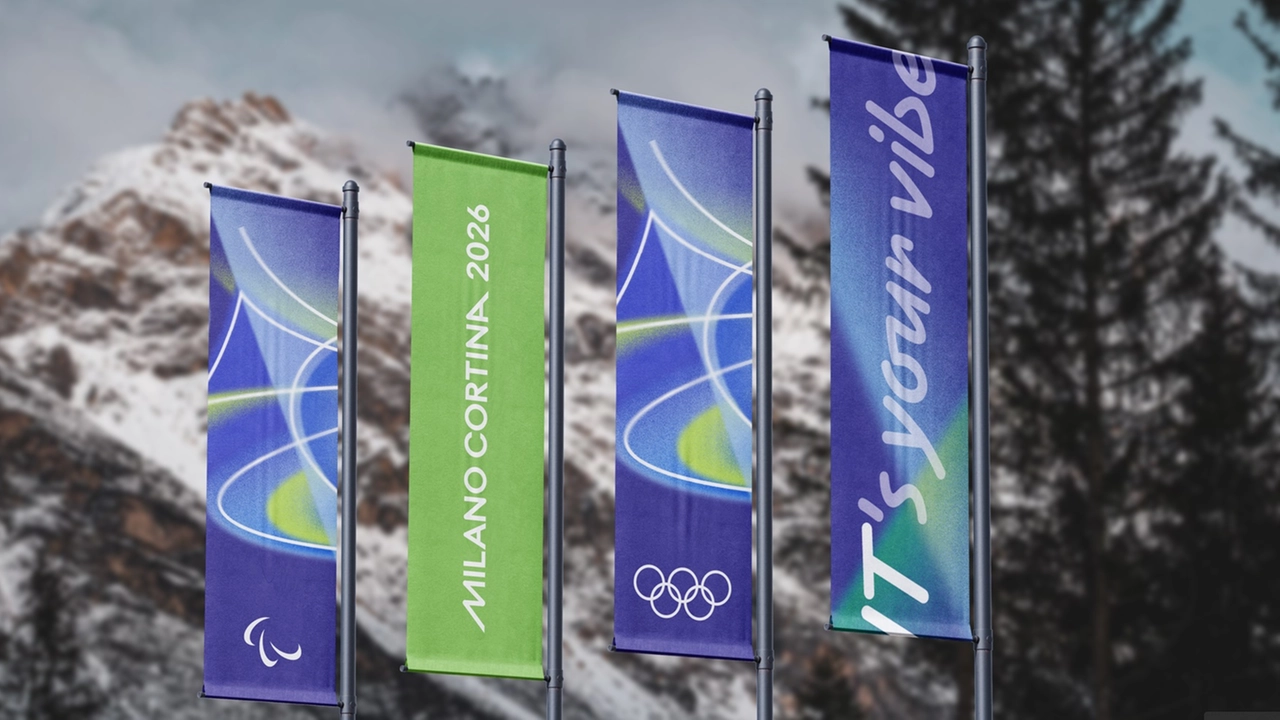 Una bandiera con il motto dei Giochi Olimpici Invernali: "IT's yiur vibe"