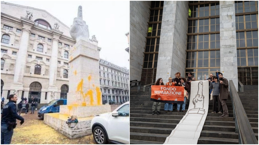 L'opera LOVE di Maurizio Cattelan in piazza Affari imbrattati dagli attivisti di Ultima Generazione. A destra, la protesta davanti al tribunale degli ambientalisti (Foto Canella)