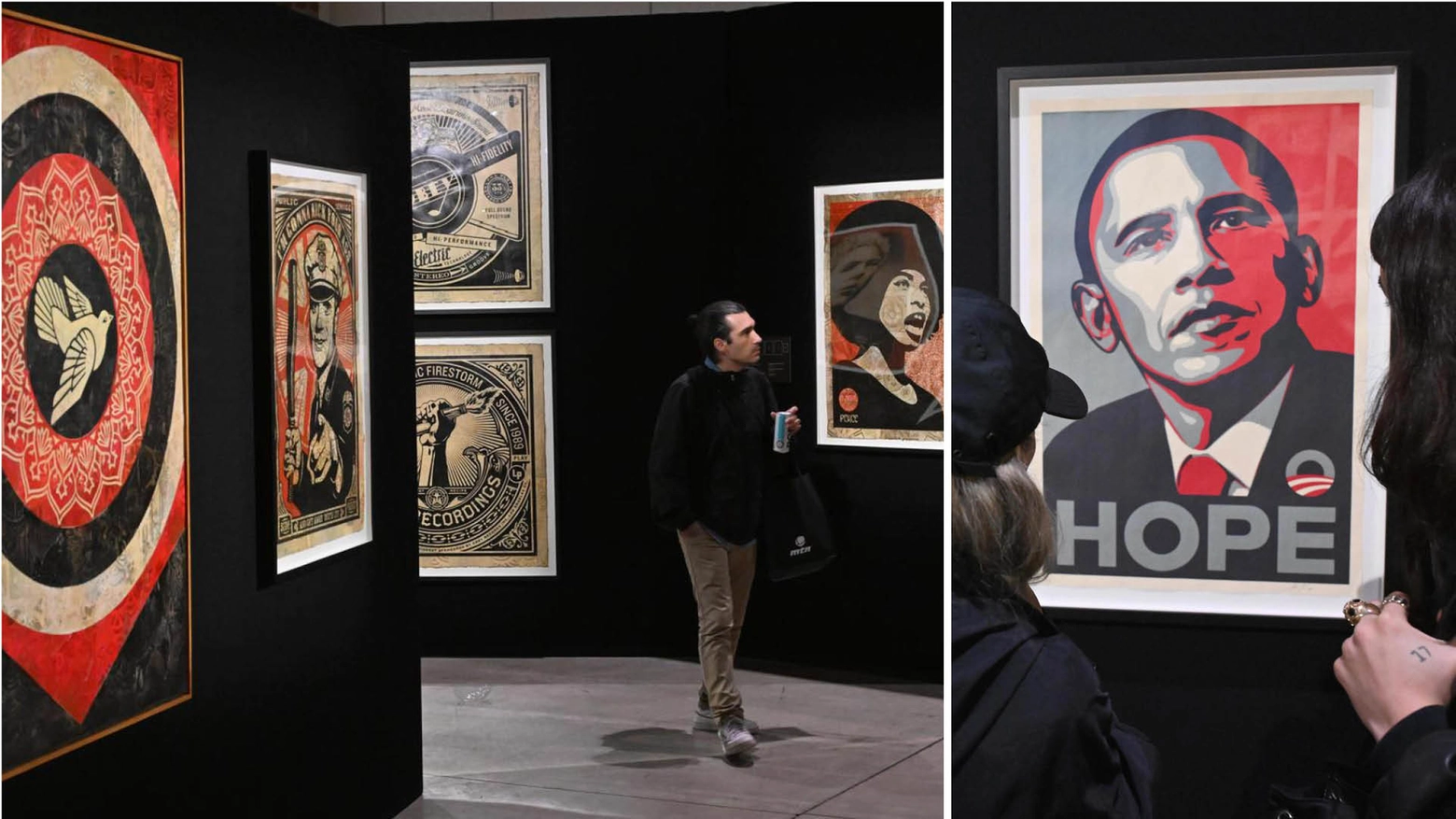 Alcune delle opere dello street artist Shepard Fairey, noto con lo pseudonimo Obey, esposte alla Fabbrica del Vapore